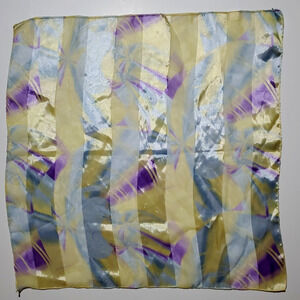 Vintage Fashion Scarf YELLOW PURPLE BLUE BURST Silky Satin & Chiffon SQUARE 19"